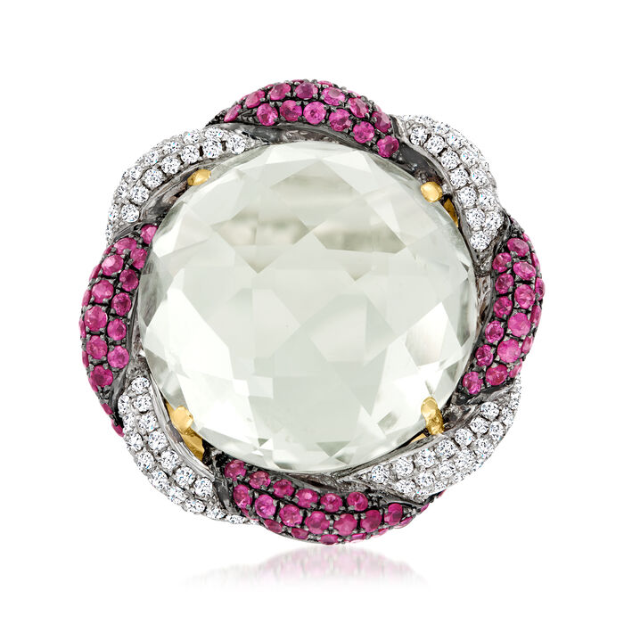 30.00 Carat Prasiolite, 2.00 ct. t.w. Ruby and .90 ct. t.w. Diamond Ring in 18kt Two-Tone Gold