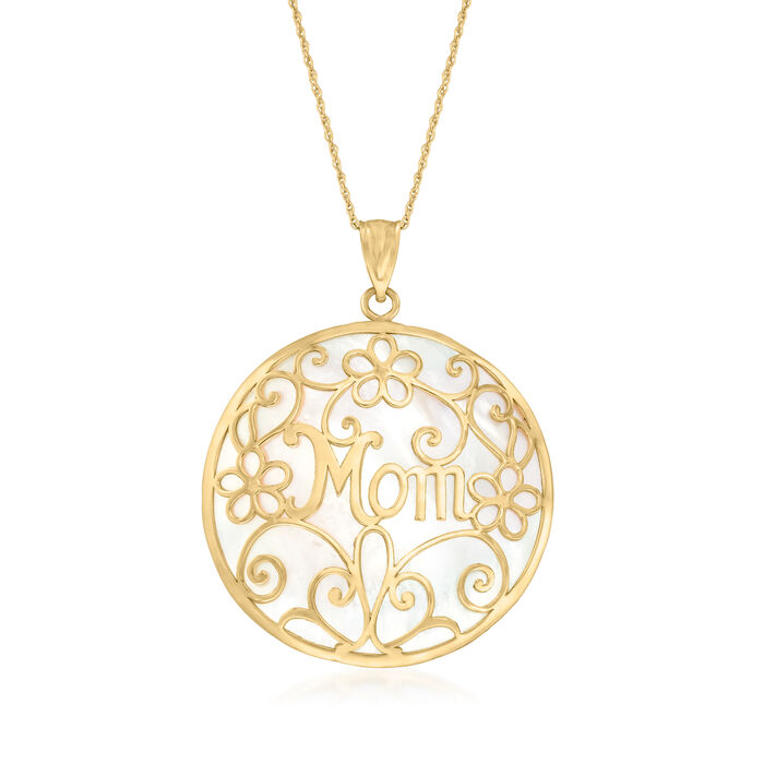 Mother-of-Pearl Floral &quot;Mom&quot; Pendant Necklace in 14kt Yellow Gold