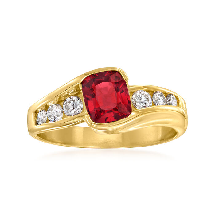 C. 1980 Vintage 1.20 Carat Red Spinel and .30 ct. t.w. Diamond Ring in 14kt Yellow Gold