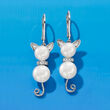7.5-9mm Cultured Pearl and Diamond-Accented Cat Drop Earrings in Sterling Silver