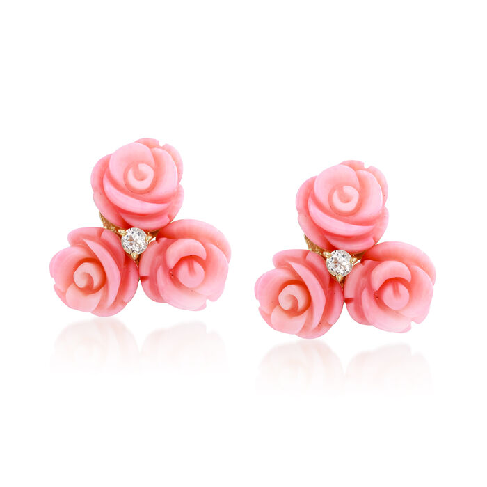 Pink Carved Coral and .20 ct. t.w. White Topaz Floral Earrings in 14kt Gold Over Sterling