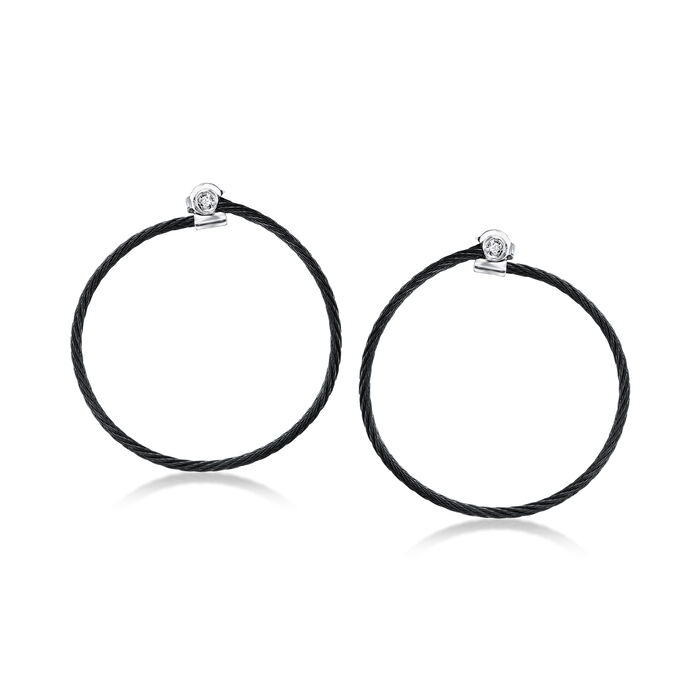 ALOR Black Stainless Steel Cable Hoop Earrings with Diamond Accents in 18kt White Gold