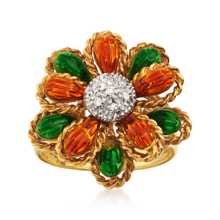 C. 1990 Vintage Orange and Green Enamel Flower Ring with Diamond Accents in 18kt Yellow Gold