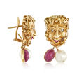 C. 1970 Vintage Cultured Pearl and 4.30 ct. t.w. Ruby Roman God Drop Earrings with .12 ct. t.w. Diamonds in 14kt Yellow Gold