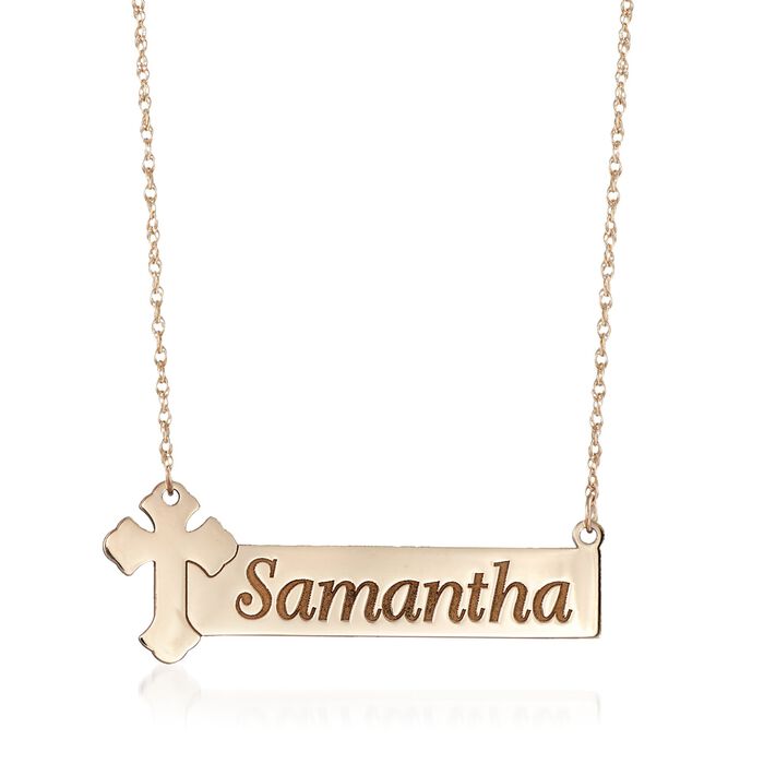 14kt Yellow Gold Name Bar Necklace with Cross