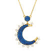 .60 ct. t.w. Simulated Sapphire and .30 ct. t.w. CZ Crescent Moon Pendant Necklace in 18kt Gold Over Sterling
