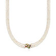 C. 1970 Vintage 2.2-2.7mm Cultured Pearl and .17 ct. t.w. Multi-Gemstone Necklace with Diamond Accents in 14kt Yellow Gold