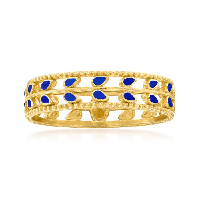 Italian Blue Enamel Leaf Ring in 14kt Yellow Gold