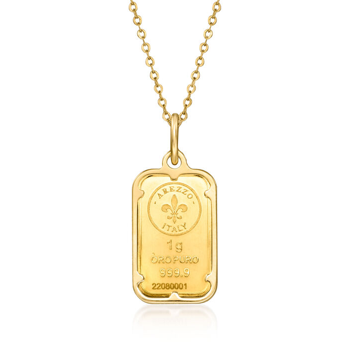Italian 24kt Yellow Gold Fleur-De-Lis One-Gram Ingot Pendant Necklace with 14kt Yellow Gold Frame