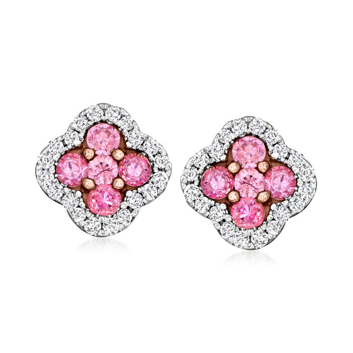 1.20 ct. t.w. Pink Sapphire and .40 ct. t.w. Diamond Clover Earrings in 14kt Rose Gold