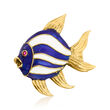 C. 1980 Vintage Blue and White Enamel Fish Pin with Ruby Accent in 18kt Yellow Gold