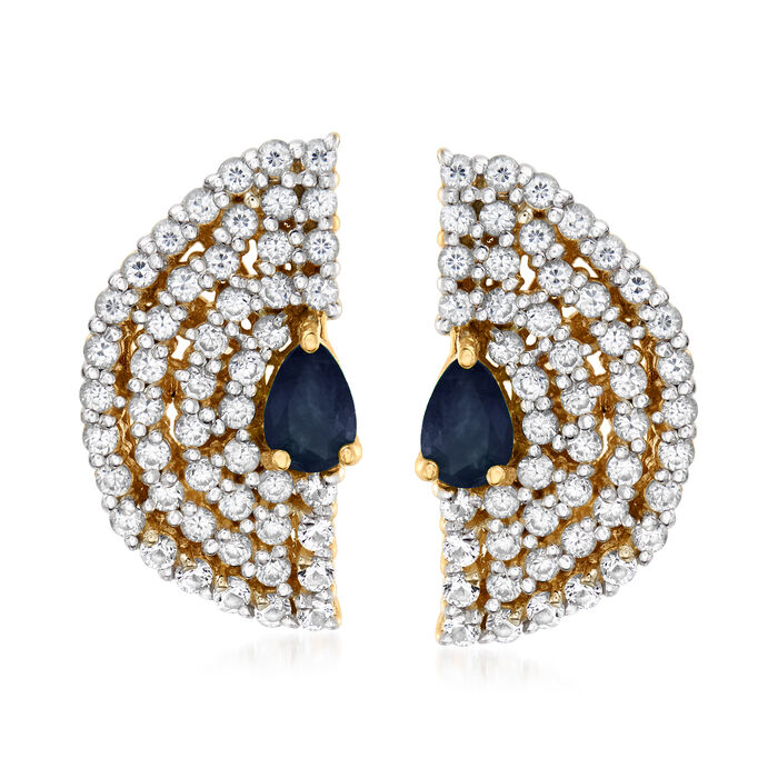 1.82 ct. t.w. White Zircon and .80 ct. t.w. Sapphire Fan Stud Earrings in 18kt Gold Over Sterling