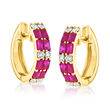 1.30 ct. t.w. Ruby and .39 ct. t.w. Diamond Huggie Hoop Earrings in 14kt Yellow Gold