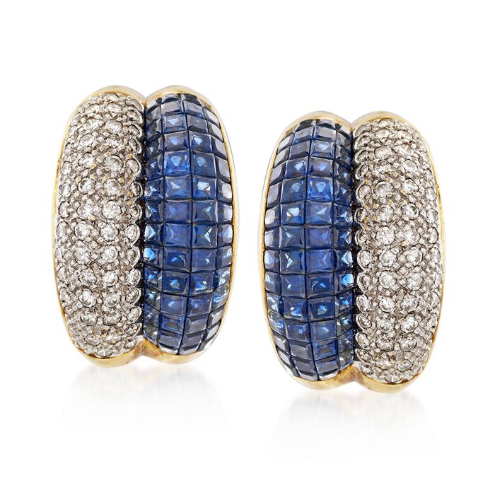 C. 1990 Vintage 5.60 ct. t.w. Sapphire and 1.65 ct. t.w. Diamond Earrings in 18kt Yellow Gold