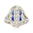 C. 1950 Vintage .12 ct. t.w. Synthetic Sapphire and .10 ct. t.w. Diamond Filigree Ring in 18kt White Gold