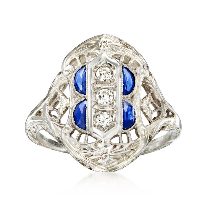 C. 1950 Vintage .12 ct. t.w. Synthetic Sapphire and .10 ct. t.w. Diamond Filigree Ring in 18kt White Gold
