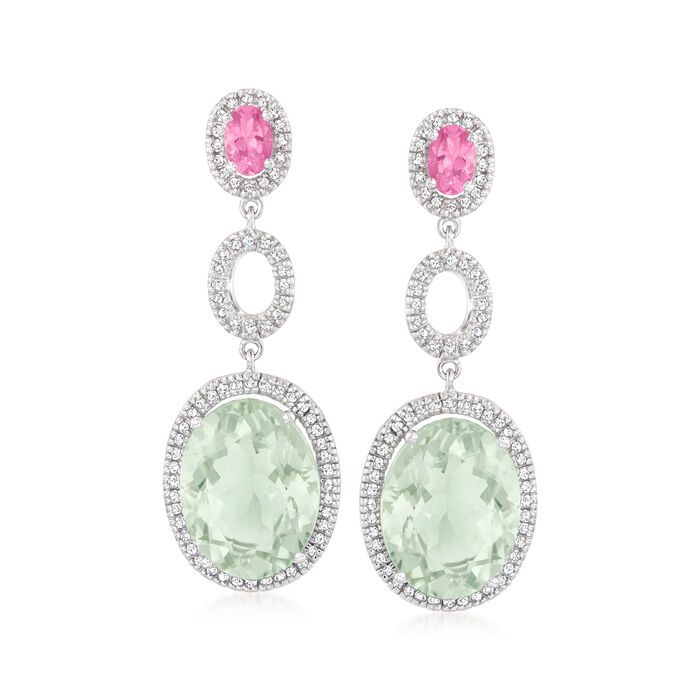 14.00 ct. t.w. Prasiolite Drop Earrings with .90 ct. t.w. Pink Tourmaline and .72 ct. t.w. Diamonds in 14kt White Gold