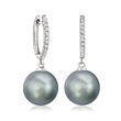 10-11mm Black Cultured Tahitian Pearl and .11 ct. t.w. Diamond Hoop Drop Earrings in 14kt White Gold