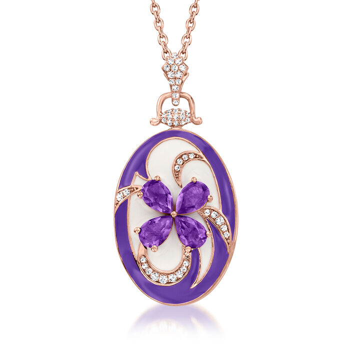 1.50 ct. t.w. Amethyst and .30 ct. t.w. White Zircon Flower Locket Necklace with Multicolored Enamel in 18kt Rose Gold Over Sterling
