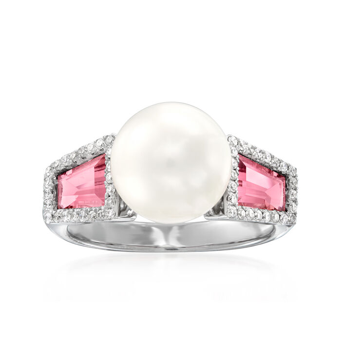 9.5-10mm Cultured Pearl, 1.00 ct. t.w. Pink Tourmaline and .19 ct. t.w. Diamond Ring in 14kt White Gold