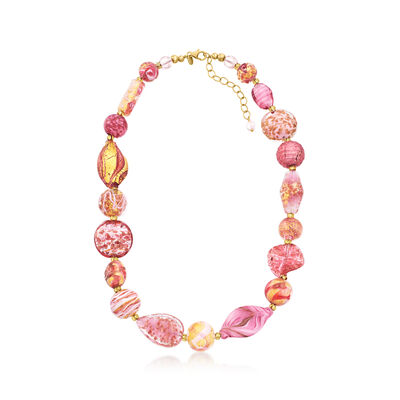 Italian Pink and Gold Murano Glass Bead Necklace in 18kt Gold Over Sterling