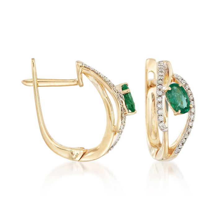 .50 ct. t.w. Emerald and .15 ct. t.w. Diamond Hoop Earrings in 14kt Yellow Gold