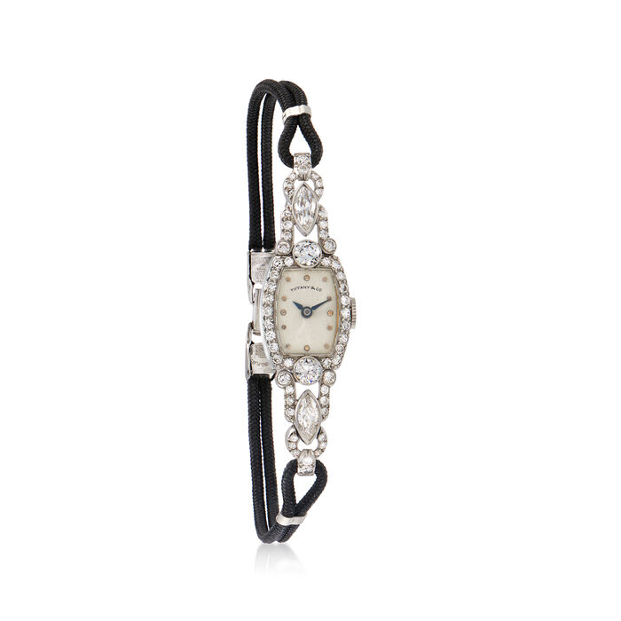 C. 1950 Vintage Tiffany Jewelry Women's 2.00 ct. t.w. Diamond 13mm Watch in Platinum with Nylon Cord