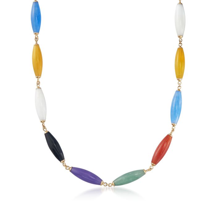 Multicolored Jade Bead Necklace with 14kt Yellow Gold