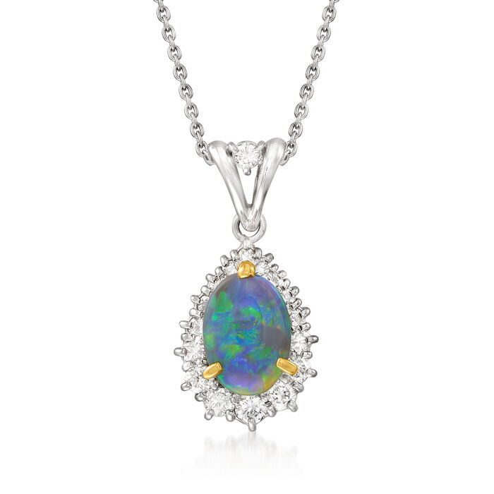 C. 1990 Vintage Black Opal and .70 ct. t.w. Diamond Pendant Necklace in Platinum and 18kt Yellow Gold