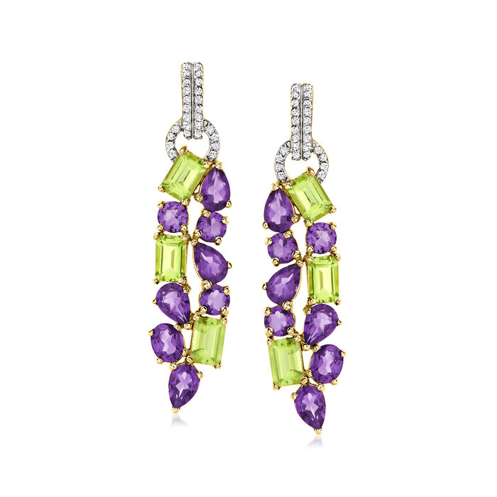 5.50 ct. t.w. Amethyst and 3.00 ct. t.w. Peridot Drop Earrings with .40 ct. t.w. White Zircon in 18kt Gold Over Sterling