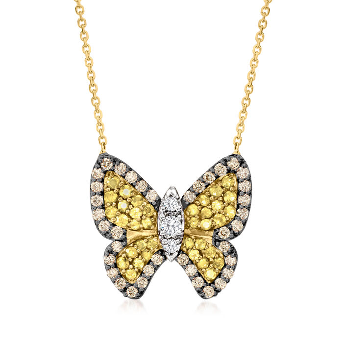 1.10 ct. t.w. Yellow Sapphire and .82 ct. t.w. Multicolored Diamond Butterfly Necklace in 14kt Yellow Gold