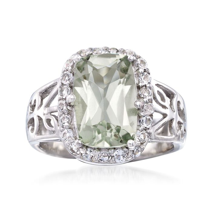 3.00 Carat Prasiolite and .60 ct. t.w. White Topaz Floral Ring in Sterling Silver