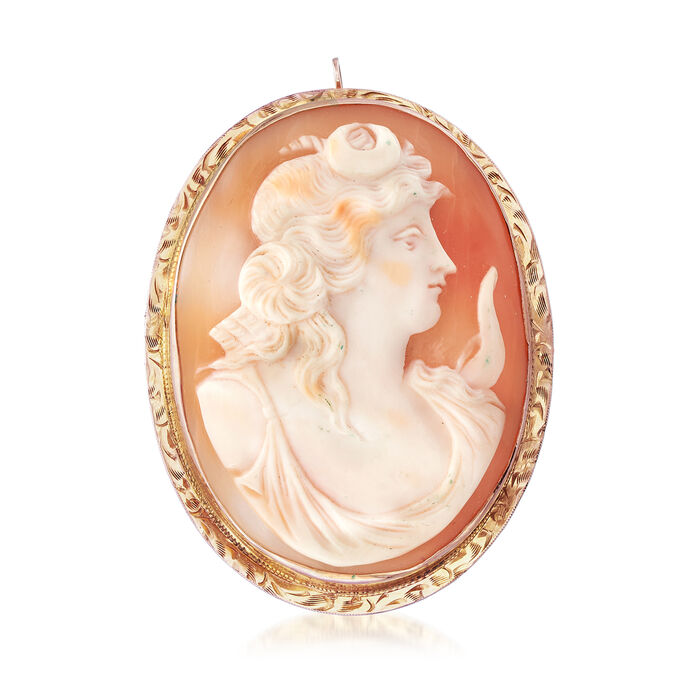 C. 1950 Vintage Oval Shell Cameo Pin Pendant in 14kt Yellow Gold