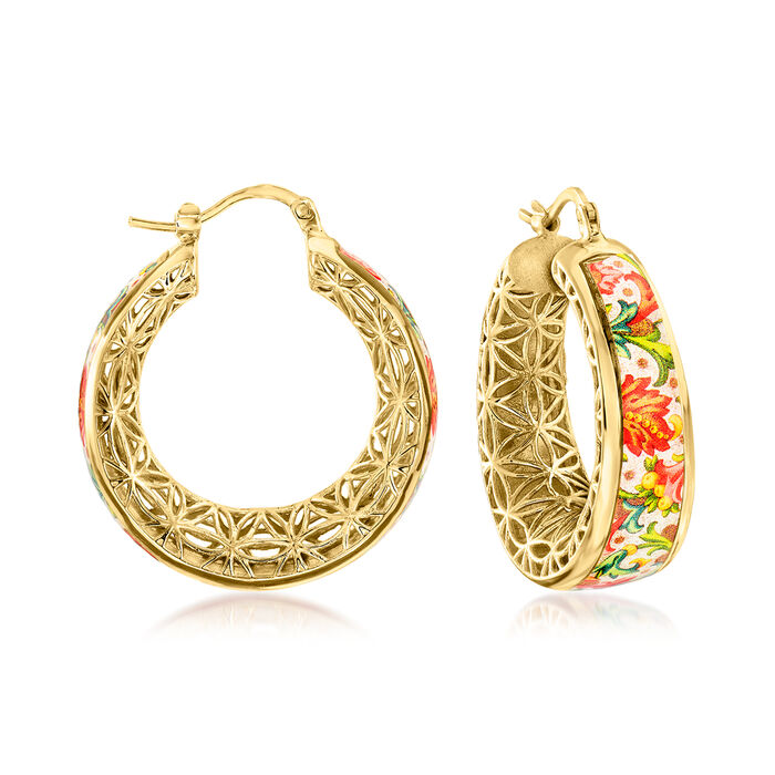 Italian Pink and Green Florentine Paper Hoop Earrings in 18kt Gold Over Sterling