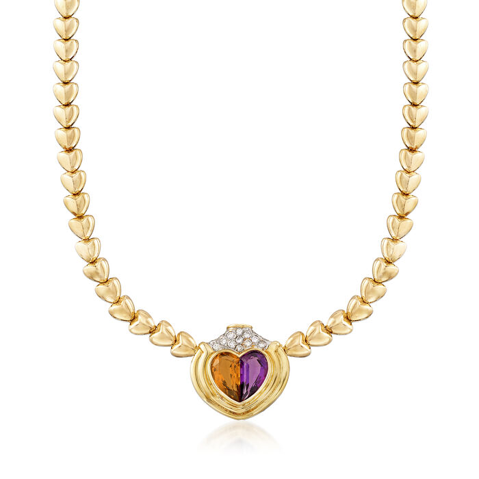 C. 1980 Vintage 7.30 ct. t.w. Multi-Gemstone Heart Necklace in 18kt Yellow Gold 