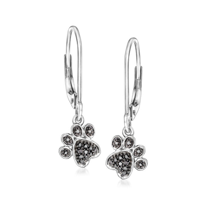 Black Diamond-Accented Paw Print Drop Earrings in 14kt White Gold
