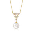 14mm Cultured Pearl and .73 ct. t.w. Diamond Necklace in 14kt Yellow Gold