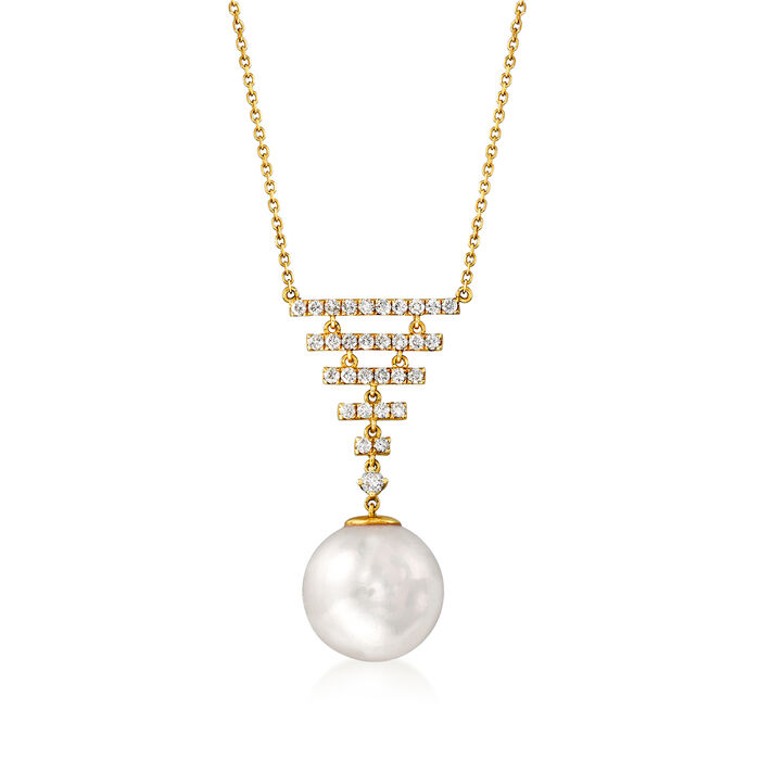 14mm Cultured Pearl and .73 ct. t.w. Diamond Necklace in 14kt Yellow Gold