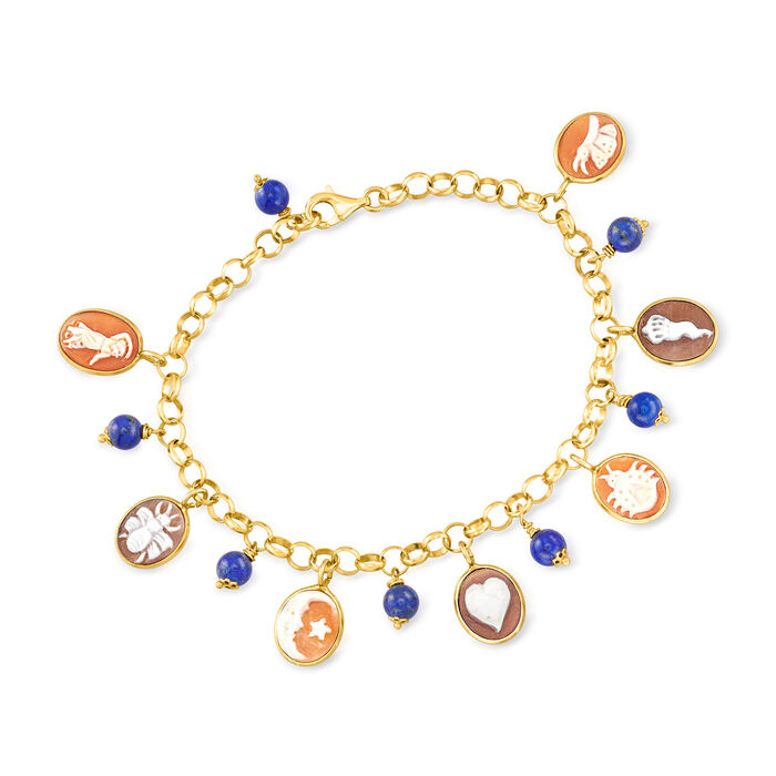 Italian Multicolored Shell Cameo Charm and 5mm Lapis Bead Bracelet in 18kt Gold Over Sterling