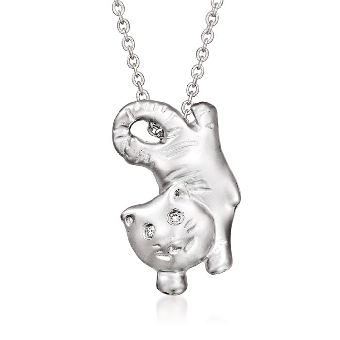 C. 2000 Vintage 14kt and 18kt White Gold Cat Pendant Necklace with Diamond Accents