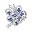 C. 1950 Vintage 4.20 ct. t.w. Sapphire and 2.65 ct. t.w. Diamond Floral Pin in 18kt White Gold