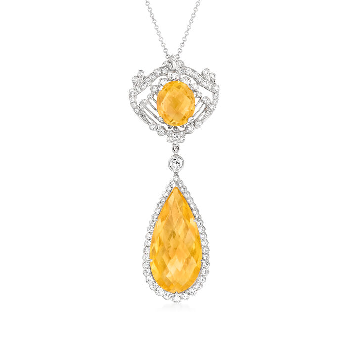 C. 1990 Vintage 10.55 ct. t.w. Citrine and 1.15 ct. t.w. Diamond Drop Pendant Necklace in 14kt and 18kt White Gold
