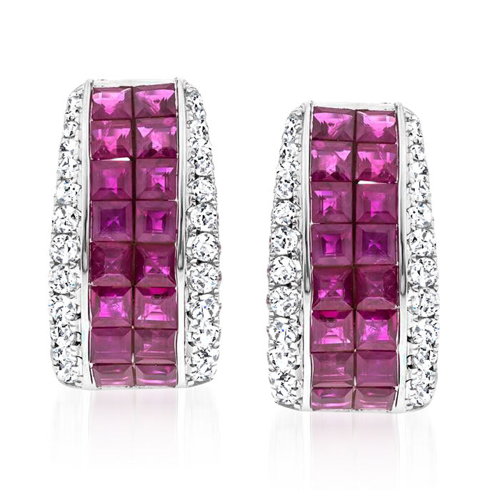 5.75 ct. t.w. Ruby and 1.00 ct. t.w. Diamond Curved Earrings in 14kt White Gold