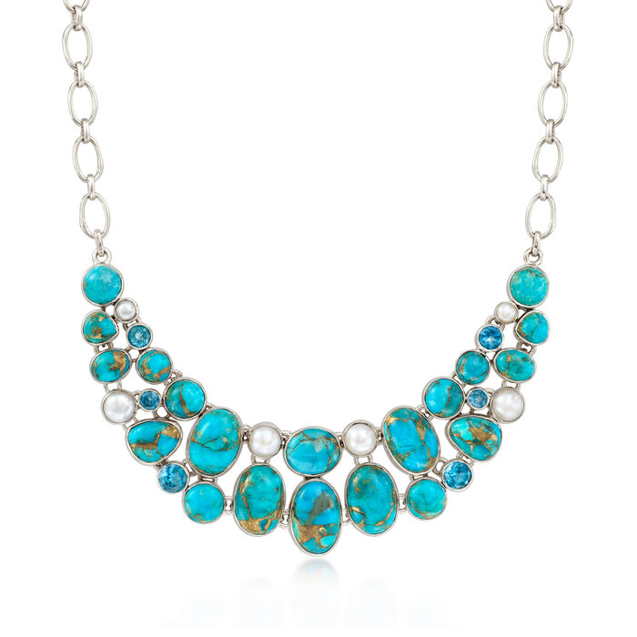 Turquoise and 4-7mm Cultured Pearl Bib Necklace with 6.50 ct. t.w. Swiss Blue Topaz in Sterling Silver