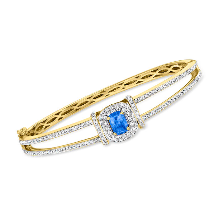 C. 1990 Vintage 1.20 Carat Sapphire and 1.65 ct. t.w. Diamond Bangle Bracelet in 14kt Yellow Gold