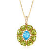 4.20 ct. t.w. Peridot and 1.20 Carat Blue Topaz Pendant Necklace in 14kt Yellow Gold