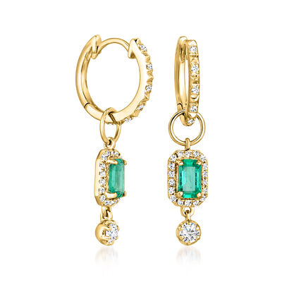 .60 ct. t.w. Emerald and .30 ct. t.w. Diamond Hoop Drop Earrings in 14kt Yellow Gold