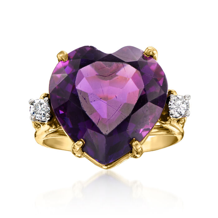 C. 1980 Vintage Effy 9.90 Carat Heart-Shaped Amethyst Ring with .15 ct. t.w. Diamonds in 14kt Yellow Gold