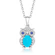 Turquoise and .70 ct. t.w. White Zircon Owl Pendant Necklace with Sapphire Accents in Sterling Silver