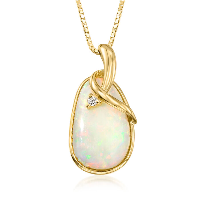 C. 1980 Vintage Opal Pendant Necklace with Diamond Accent in 14kt Yellow Gold